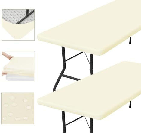 2 Tischdecken Abwaschbar 182x76, Beige, Rechteckig, Wasserabweisend und Elastisch, Tischdecke mit Gummizug, Outdoor-tischdecke, Camping und Esszimmer, Tischdecke Hochzeit und Terrasse