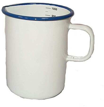 linoows Messbecher mit Skala, Maßbecher, Emaille Weiß Blauer Rand, 1,0 Liter
