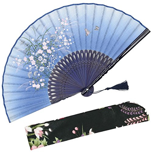 OMyTea Grassflower Folding Hand Held Fan for Women - Chinese/Japanese Vintage Retro Style - With a Fabric Sleeve for Protection (Blue)