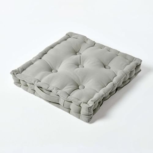 HOMESCAPES Luxury Floor Cushion Plain 100% Cotton Grey 40 x 40 x 8cm, Booster Cushion Seat Chair Pad Dining Thick & Plush Garden Floor Pillow for Kids Elderly Pets Indoor Outdoor Use