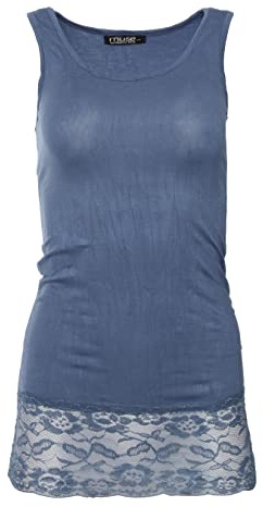Easy Young Fashion - Damen Trägertop mit Spitzensaum - langes Unterziehshirt Skinny Fit 0518 (Jeansblau S/M)