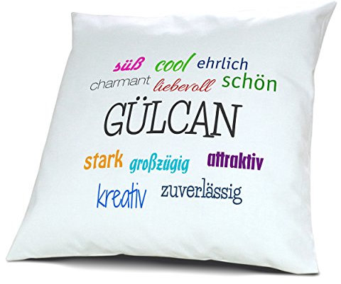 digital print Kopfkissen mit Namen Gülcan - Motiv Positive Eigenschaften, 40 cm, 100% Baumwolle, Kuschelkissen, Liebeskissen, Namenskissen, Geschenkidee, Deko