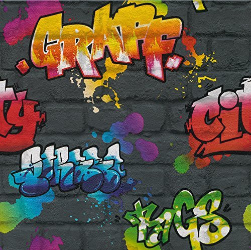 Graffiti Wallpaper Paint Splash Brick Effect Textured Typography Dark Grey Multi