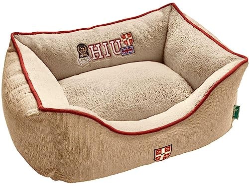 HUNTER Hundesofa UNIVERSITY, gemütliches Hundebett im College-Look, weiches Kuschelsofa mit Wendekissen, erhöhter Rand, Bezug waschbar, Farbe: beige, Größe: L