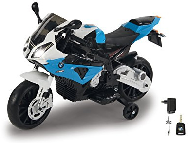 JAMARA 460281 Ride-on Motorrad BMW S1000RR blau 12V-2-Gang, leistungsstarker Antriebsmotor & Akku-Fahrzeit bis 90 Min, Hupe & Motorgeräusch, LED-Scheinwerfer, Stützräder abnehmbar, Seitenständer