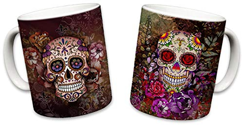 Sweet Gisele 2-teiliges Tassen-Set | Zucker-Tassen | Keramik-Tassen mit Blumendruck | Tag der Toten Design | schöne lebendige Farben | tolles Geschenk | Mehrfarbige Tassen | 325 ml (braun & lila)