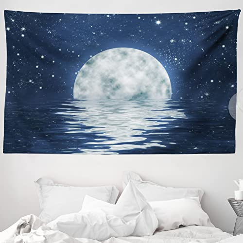 ABAKUHAUS Mond Wandteppich und Tagesdecke, Mond-Einstellung über Meer aus Weiches Mikrofaser Stoff Waschbar ohne Verblassen Digitaldruck, 230 x 140 cm, Nachtblau Weiß
