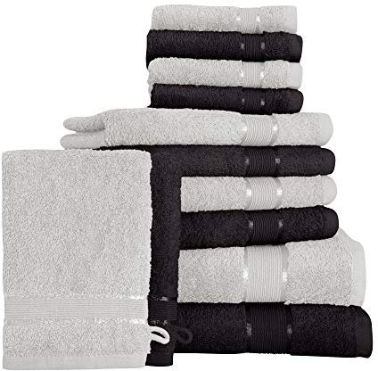 Mixibaby 12 TLG. Handtuchset Duschtuch Handtuch Gästetuch Waschlappen Grau mit Farbkombi, Farbe:Schwarz