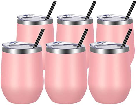 VEGOND Weingläser Großpackung 6 Stück, 340 ml Edelstahl Weinglas ohne Stiel mit Deckel und Strohhalmen, doppelwandig, vakuumisolierter Becher, Kaffeebecher für kalte heiße Getränke
