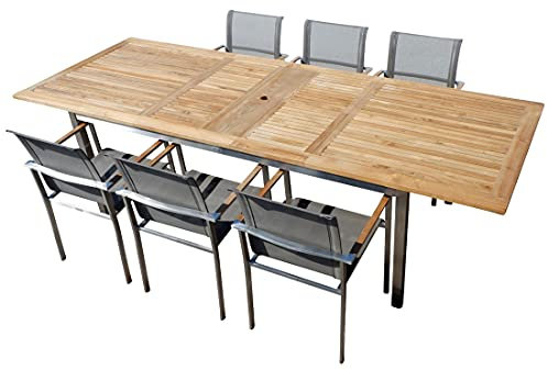ALEOS. Gartengarnitur Edelstahl Batyline A-Grade Teak Holz Se: Ausziehtisch 200-240-280 x 100 cm + 6 Sessel mit Batyline Bespannung Serie Kuba-BRAUN Gastroqualität