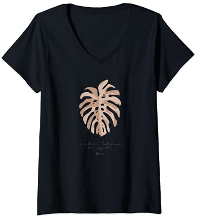 Damen Variegata Beige Nude Look Monstera Deliciosa Blatt Pflanze T-Shirt mit V-Ausschnitt