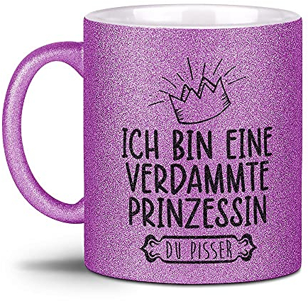 Tassendruck Glitzertasse - Ich Bin eine verdammte Prinzessin - Geschenke für die Beste Freundin, Frauen, Glitter - Hochwertige Keramik, Lila, 300 ml
