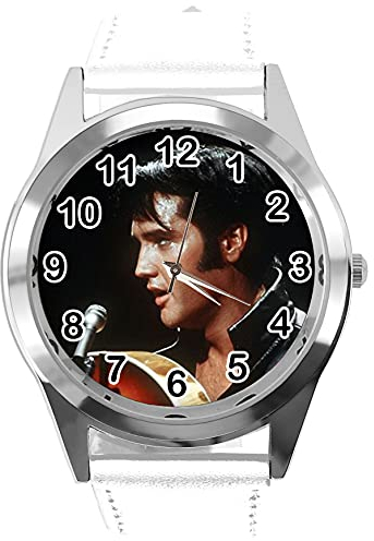 Runde Armbanduhr aus weißem Leder für Rock- und Roll-Fans E2