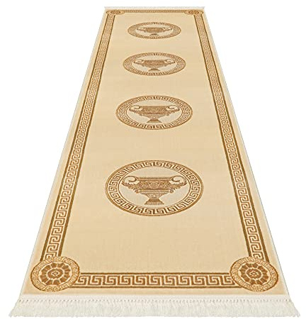 Belle Arti Premium Flur Teppich Läufer Teppichläufer in beige Gold Mäander Amphore Muster mit Fransen Flur Schlafzimmer Wohnzimmer - Kurzflor Flauschig Antirutsch Seidenoptik 100% Viskose - 80x200 cm
