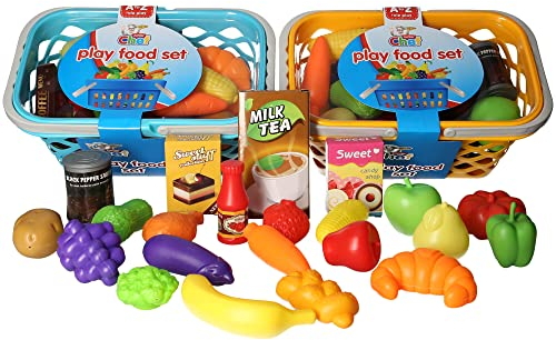 Kids Play Food Set with Shopping Baskets, 20+ Pieces, Fruits Vegetables and Groceries, Educational Pretend Kitchen Toys, Yellow