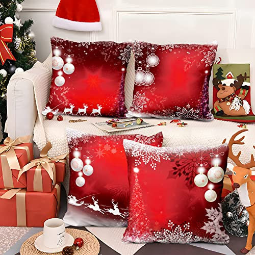 Aoihrraan Kissenbezüge 4er Set, Rote Weihnachtsschneeflocke Kissenbezüge Glitzer Weihnachtskugeln Baum Weicher Kurzer Plüsch Quadrat Kissenbezug für Couch Schlafzimmer Auto Stuhl Wohnkultur 60x60cm