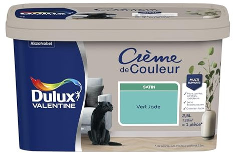 Dulux Valentine Crème de Couleur - Peinture multi-supports intérieure - Satin Vert Jade 2,5 L