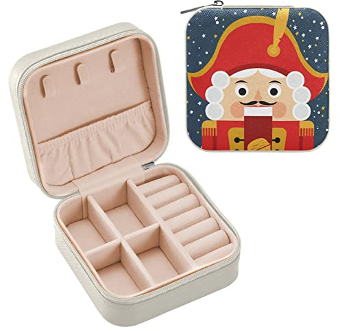 Christmas Nutcracker Colorful Stars Travel Jewelry Box Organizer Mini Jewelry Case Portable Jewellery Storage Holder Girls Earring Box Womens Necklace Rings Bracelet Storage Case (White)