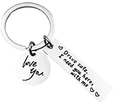 EROSPA® Schlüssel-Anhänger mit Spruch - Geschenk - Metall - Silber (Drive safe - mit love you Anhänger)