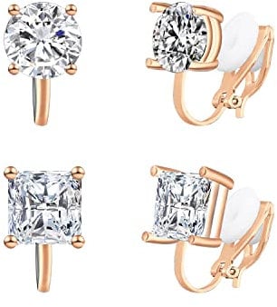 QUKE 2 Pairs Clip On Stud Earrings 7MM Cubic Zirconia Crystal Clip On Stud Non Pierced Earrings For Women Girls (Rose Gold)
