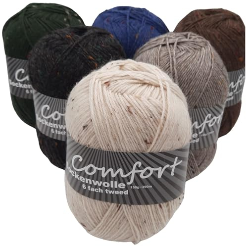 Sockenwolle Strumpfwolle 6x150gr Comfort Color 6-fädig 900gr Set - für besonders warme Füße Set (Tweed)