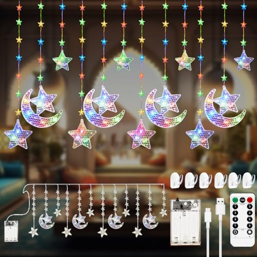 Stern Mond Lichterketten 3.6m,12 LED Sterne Mond Vorhang Licht,Sterne Mond LED Lichterketten 132 LEDs,Mit 8 Blinkenden Modi,Fernbedienung,USB,für Ramadan,Hochzeit,Party,Weihnachten