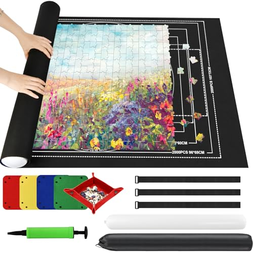 Ainiv Puzzle Roll-Up Storage Mat with Auxiliary Lines for up to 2000 Pcs, Foldable Felt Pad with Inflatable Pump