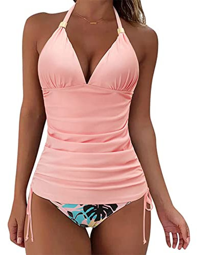 Womens Tankini Sets Halter Neck Two Piece Swimsuit for Women UK Sale Clearance Tummy Control Swimwear Ruched Bathing Suits Tankini Top with Swim Brief Swimming Costume Backless Sexy Bikini Swimwear