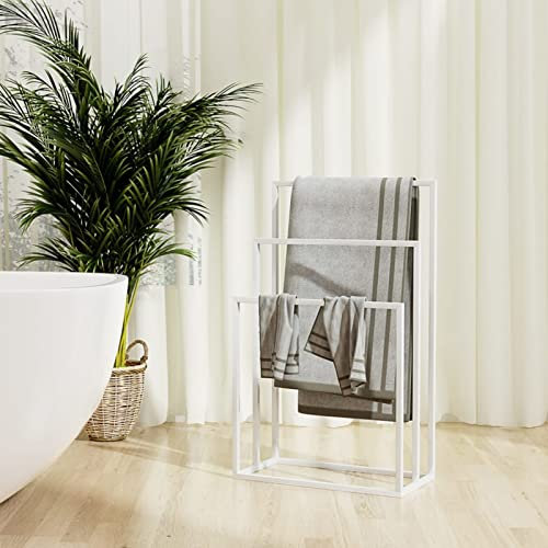 ARKEM Portasciugamani da Pavimento Bianco 48x24x79cm in Ferro,Piantana Porta Asciugamani a 3 Braccia, Acciaio, Metallo Cromato Antiruggine, Portasciugamani da Terra con Base Pesante