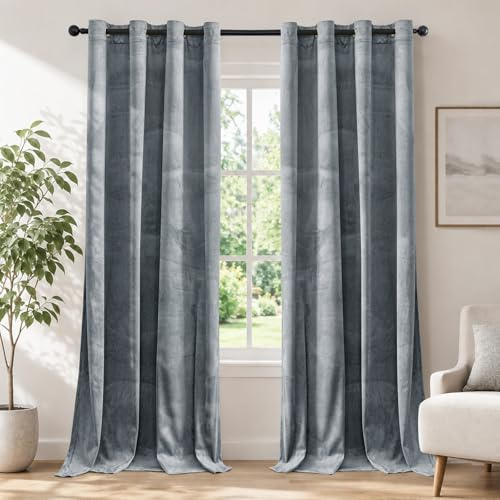 Ystyle Samt Vorhang Blickdicht 2er Set, H245 x B140 cm, Silbergrau | Wasserabweisend Gardinen Wohnzimmer Modern, Thermovorhang Hitzeschutz Kälteschutz, Verdunklungsvorhänge per Soggiorno