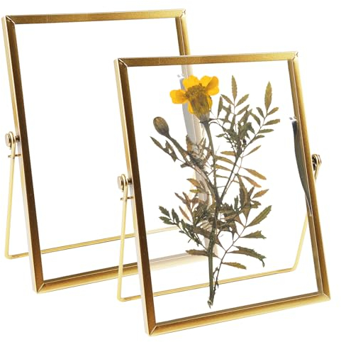 HOMURY 2Pcs Bilderrahmen Glasrahmen für Gepresste Blume, 20x15cm Bilderrahmen Stehend, Gepresste Blumen Glasbilderrahmen, Bilderrahmen Gold, Ausstellungsrahmen für Getrocknete Blumenproben