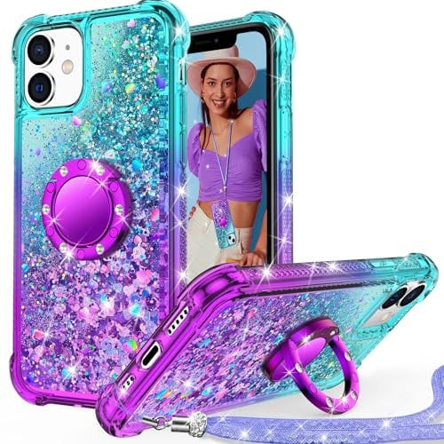 Unlicaku for iPhone 11 Case, with Ring Women Girls Bling Holographic Sparkle Glitter Cute Cover, Diamond Ring Protective Phone Case for iPhone 11, Purple