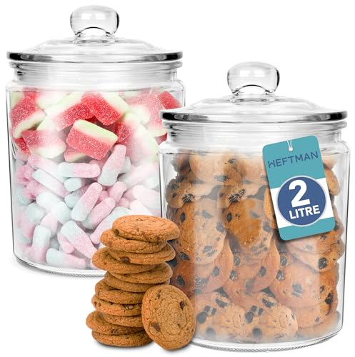 HEFTMAN Glass Jar with Lid - 2 x 2 Litre Clear, Empty Sweet Jars with Airtight Push-Top Lid - Sturdy Glass Apothecary Jars for Sweets, Coffee, Sugar, Laundry Pods Storage Container (2 Pack)