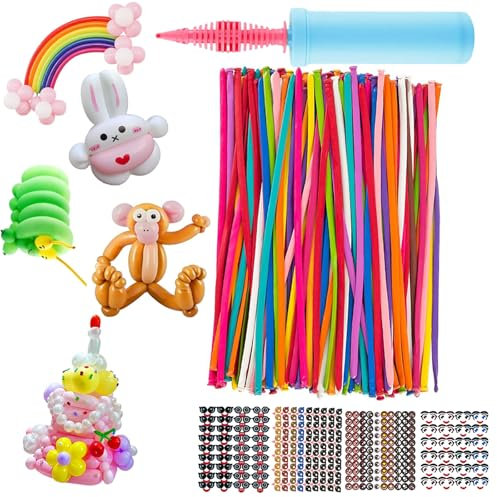DMSESRLS 200 Stück Modellierballons Ballon, 260Q Lange Luftballons zum Formen mit 1 luftballonpumpe, 4 Blätter Emoji-Aufkleber, Modellierung Ballons für Hochzeit, Party, Aktivität (Gemischte Farbe)
