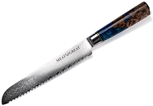 BABOSSA Meat 'n' Great Aquarell Brotmesser mit 20cm Klinge aus VG10 Damaststahl | Profi Brotmesser mit Griff aus Epoxidharz und Holz | 33cm Gesamtlänge