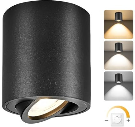YindaLux LED Aufbauspots Schwarz 30° Schwenkbar Ø80x84mm Deckenspots Dimmbar, inkl. 5W 500LM LED Modul 230V, 3000K/4000K/6500K, Aluminium Aufputz Spots Modern Aufbaustrahler Aufbauleuchte Rund 1 Stück