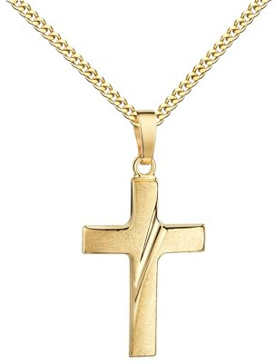 JEVELION Goldschmuck Kreuz Anhänger 750 Gold-Kreuz für Damen und Herren, Design Kettenanhänger eismattiert 18 Karat Goldkreuz Mit Damenkette 925 Silber vergoldet - Kettenlänge 50 cm.