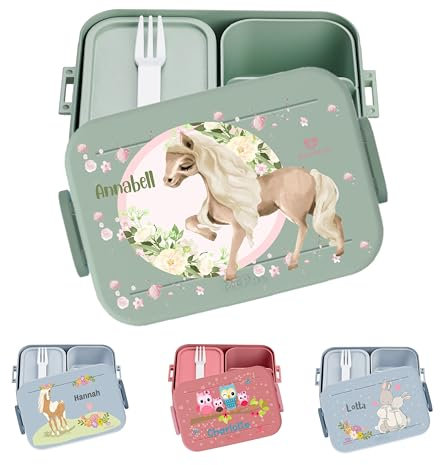 wolga-kreativ personalisierte Mepal Brotdose mit Fächern mit Pferd Motiv - Lunchbox Kinder, Jausenbox Pausenbox Vesperdoe Kindergarten Schule Mädchen Geschenk Einschulung