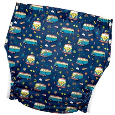 Harilla Stoffwindel für Erwachsene, verstellbare Schnalle an der Seite, wasserdicht, mit Druckknöpfen, waschbare Windelüberhose, Inkontinenzhose für Frauen, Bus Xxl