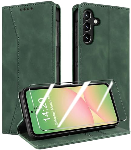 QHOHQ Handyhülle für Samsung Galaxy A56 / A36 5G Hülle mit Panzer Glas, Premium Leder Schutzhülle, [RFID Blockierung], Magnet Klappbar Flip Case Tasche, Multifunktional, Stoßfest-Grasgrün