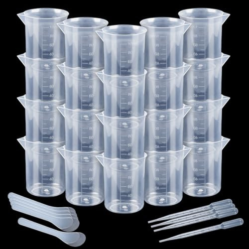 20 Stück 100ml Epoxidharz Messbecher Set – Inklusive 10 Rührstäbe & 10 Pipetten, Präzise abgestufte Messbecher aus Kunststoff mit klarer Maßskala für Harzguss, Farbmischung, Schmuckherstellung