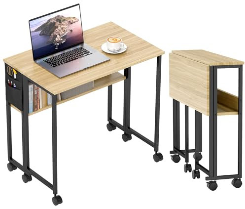 HOMCOM Bureau Pliable sur roulettes, Table d'ordinateur 80 x 50 cm avec étagère et Sac de Rangement, Table d'étude pour Bureau à Domicile, Chambre, Petits espaces, chêne