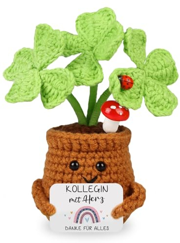 WenmthG Pocket Hug Positive Vierblättriges Kleeblatt Dankeschön Geschenke Geschenk für Kollegen Kollegin Chef, Gestrickte Kleeblatt Anti Stress Abschied Büro Geschenke für Kollegen
