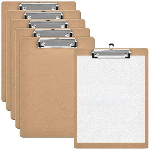 6 Piezas Portapapeles Rígido A4 con Pinza, Carpetas con Clip Perfil Bajo, Carpeta Colgar con Agujero Colgante Retráctil, Tablero Escritura Madera, Bloc Notas, Sujetapapeles para (Marrón)