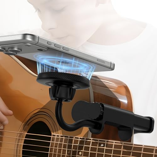 ALAFLY Magnetische Gitarren-Handyhalterung [Stärkere Magnete] Universelle Smartphone-Halterung für Gitarre, Bass, Ukulele, 360° Drehbar und Verstellbar, Ideal für Live-Streaming/Online-Unterricht