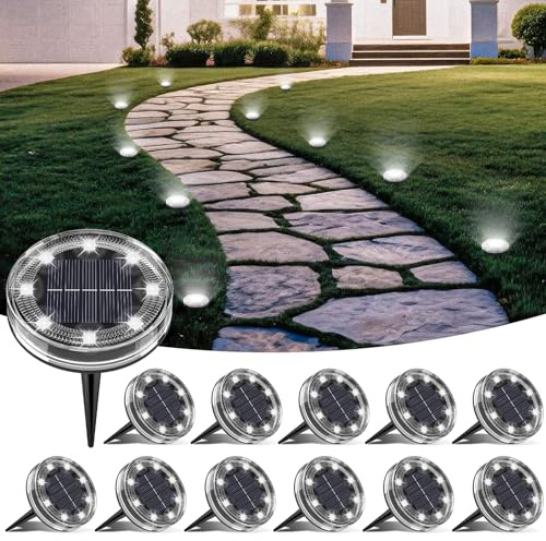 LOTMOS 12 Pezzi Luci Solari da Giardino, 8 LED Faretti Sepolta Solari a Led da Esterno Impermeabile IP68, Lampade Luce Solare da Terra Decor per Cortile Vialetto Paesaggio Prato, Bianco Freddo