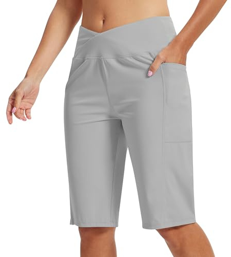 MoFiz Pantaloni Corti Sportivi Donna Leggins Corti Bermuda Donna Pantaloncini da Yoga Corsa Vita Alta Gym Shorts Estivi con Tasche Grigio EU L(su M)