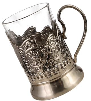 Whoasyst 1 Russian Cut Crystal Tea Glass + 1 Metal Glass Holders Russian Podstakannik for Hot or Cold Liquid Women Men Retro Design Drinkware