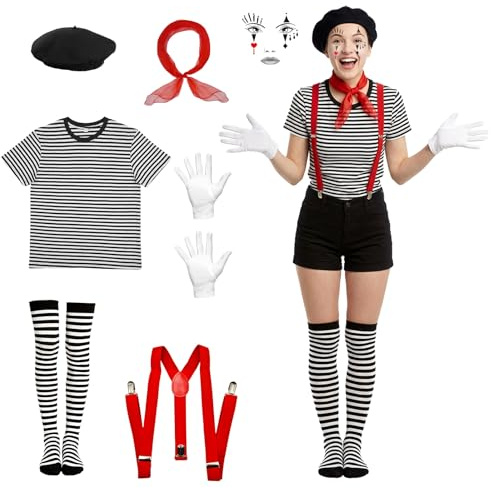 Orizizhic Pantomime Kostüm Damen Herren 7 Stück Clown Kostüm mit Baskenmütze Schal Handschuhe Strümpfe Hosenträger Gestreiftes Oberteil Aufkleber für Karneval Karneval Faschingskostüme Cosplay Party