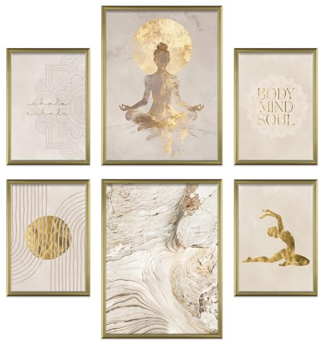 ARTFAVES® Poster Set - Yoga Spirit - mehrteilige Wanddeko Wohnzimmer, Schlafzimmer - 6 moderne Wandbilder Abstrakt, Kunst, Meditation, Spirituell - mit Rahmen Gold